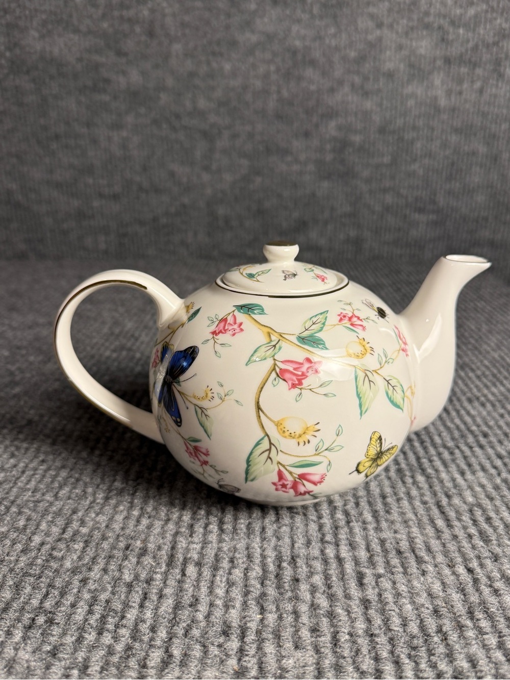 Grace Teaware Fine Porcelain Teapot Floral Garden & Butterflies Gold Trim